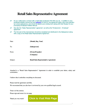 Retailer agreement template - Retail Salesperson. This is a sample business contract providing the terms for hiring a retail salesperson.