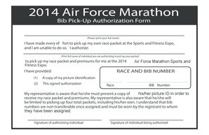 2014 Air Force Marathon Bib Pick-Up Authorization Form