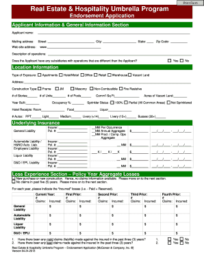 Real Estate & Hospitality Umbrella Program Endorsement Application