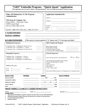 LRO Umbrella Program Quick Quote Application