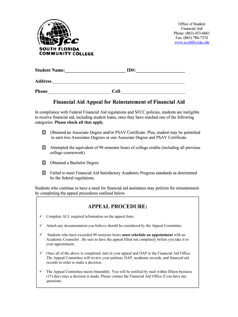Fillable Online fusion sfcc cc fl Financial Aid Appeal for