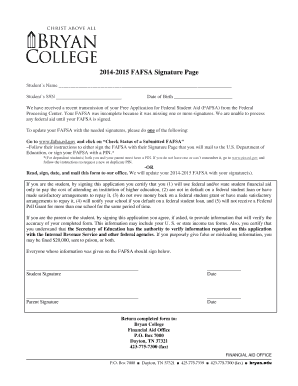 2014-2015 FAFSA Signature Page