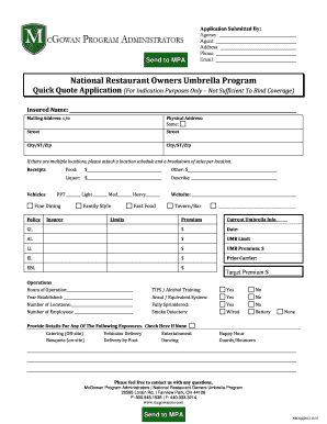 National Restaurant Owners Umbrella Program Quick Quote Application