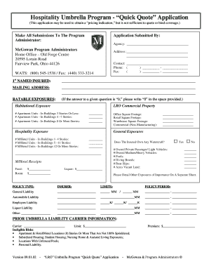 Hospitality Umbrella Program Quick Quote Application