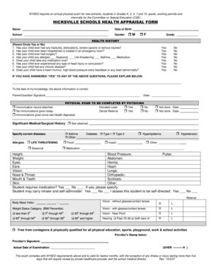 Hicksville Schools Health Appraisal Form