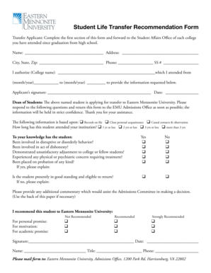 Student Life Transfer Recommendation Form