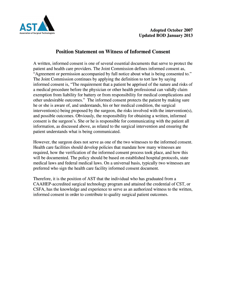 Fillable Online Position Statement on Witness of Informed Consent Fax