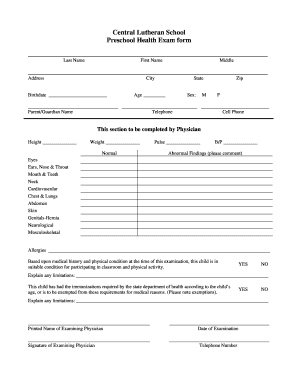 Preschool Health Exam Form