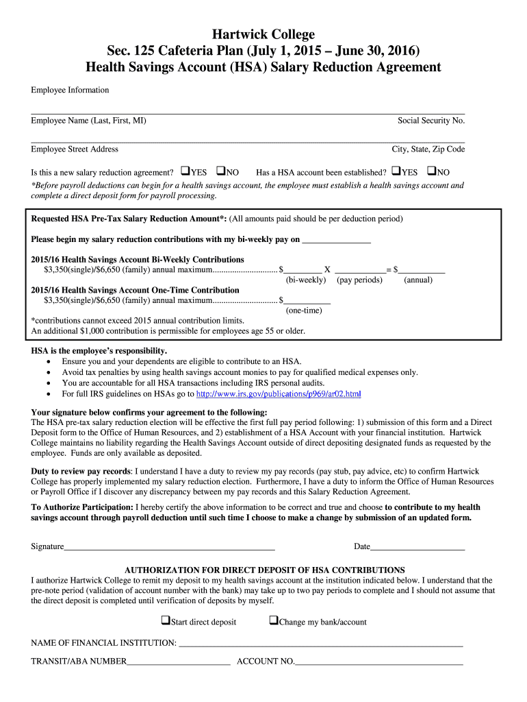 Fillable Online Hartwick Health Savings Account HSA Hartwick College