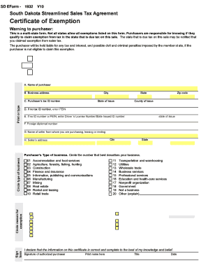 South Dakota Streamlined Sales Tax Agreement Certificate of Exemption