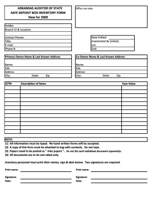 Arkansas Safe Deposit Box Inventory Form