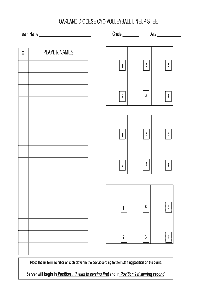 Oakland Diocese CYO Volleyball Lineup Sheet Fill And Sign Printable 