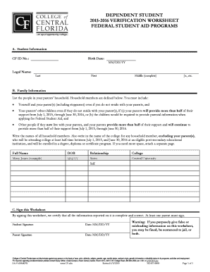 2015-2016 Dependent Student Verification Worksheet