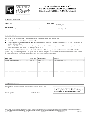 2015-2016 Independent Student Verification Worksheet