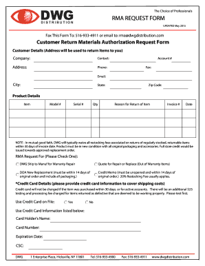 Customer Return Materials Authorization Request Form