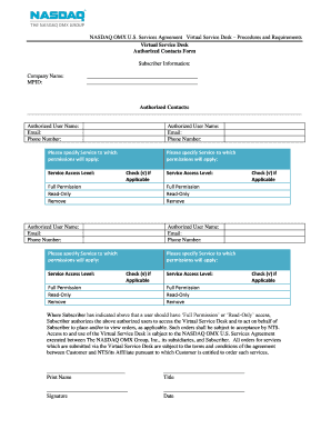 NASDAQ OMX Virtual Service Desk Authorization Form