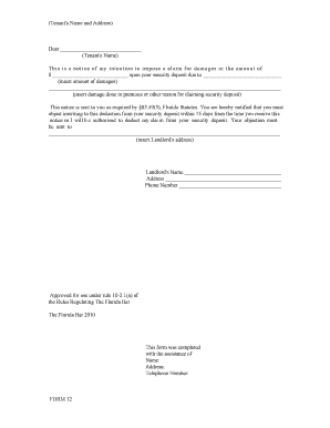Florida Notice of Intention to Impose Claim on Security Deposit