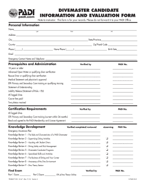PADI Divemaster Candidate Information and Evaluation Form