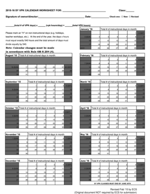 Florida VPK Calendar Worksheet