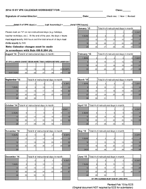 Florida VPK Calendar Worksheet
