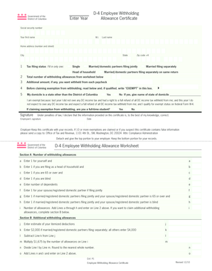 DC D-4 Employee Withholding Allowance Certificate