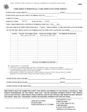 Children’s Personal Care Services Time Sheet