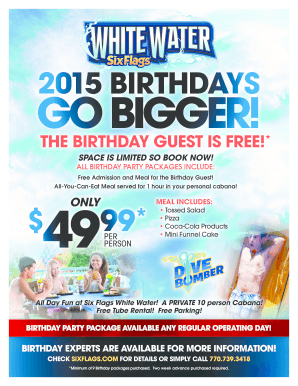 Six Flags White Water Birthday Party Package Order Form