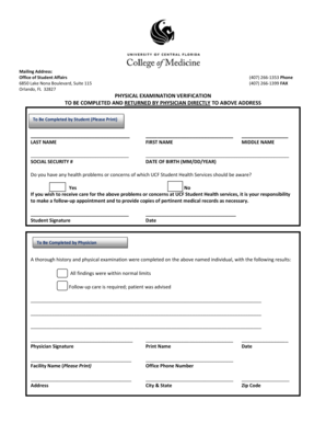 UCF Physical Examination Verification Form