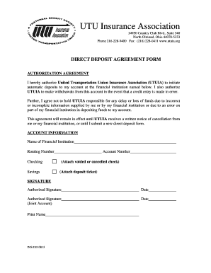 UTU Direct Deposit Agreement Form