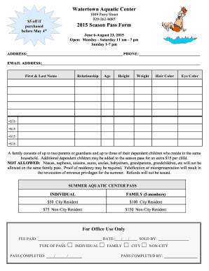 Watertown Aquatic Center Season Pass Form