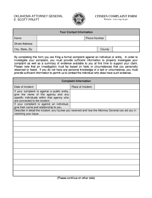 Oklahoma Attorney General Citizen Complaint Form