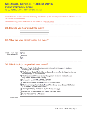 Medical device forum 2015 event feedback form - hsa gov