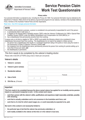 Work Test Questionnaire for Invalidity Service Pension