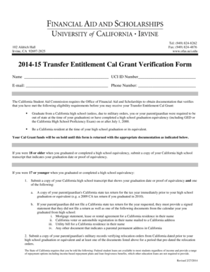 2014-15 Transfer Entitlement Cal Grant Verification Form
