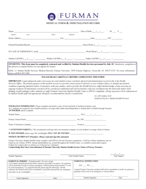 Furman University Medical Form & Immunization Record