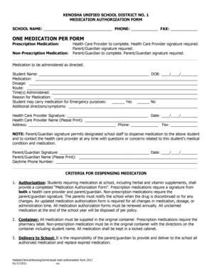 Kenosha Unified School District Medication Authorization Form