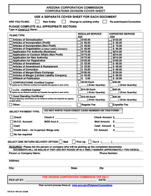 Arizona Corporation Commission Cover Sheet