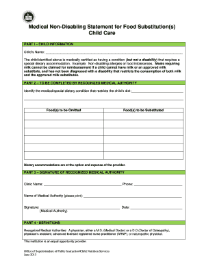 Medical Non-Disabling Statement for Food Substitution
