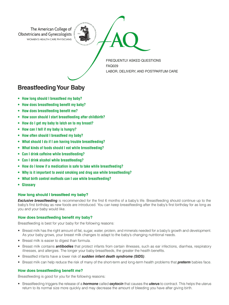 Fillable Online acog Breastfeeding Your Baby American College of Obstetricians and Fax Email