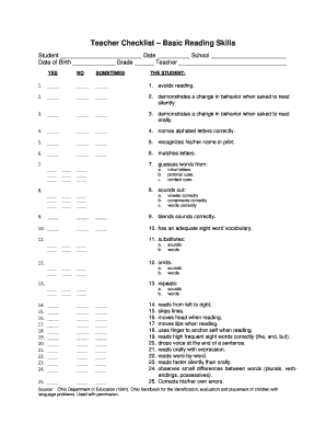 Teacher Checklist – Basic Reading Skills