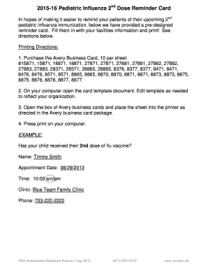 Pediatric Influenza 2nd Dose Reminder Card