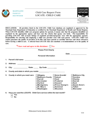 Maryland Child Care Request Form