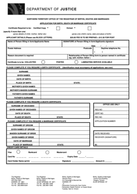 Northern Territory Birth, Death or Marriage Certificate Application