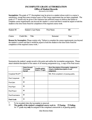 Incomplete Grade Authorization Form