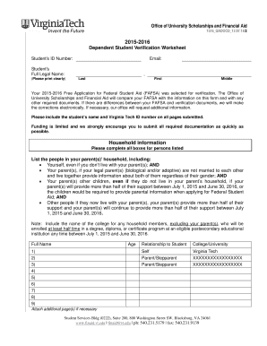 2015-2016 Dependent Student Verification Worksheet
