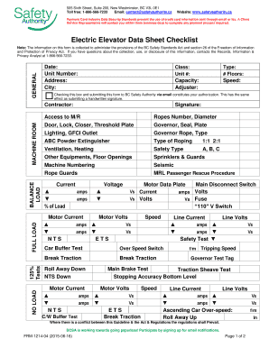 Electric Elevator Data Sheet Checklist