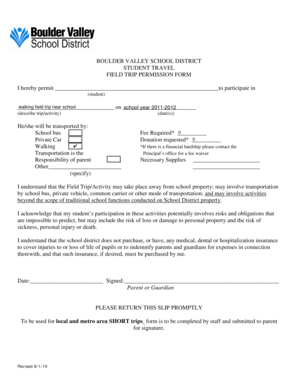Boulder Valley School District Field Trip Permission Form
