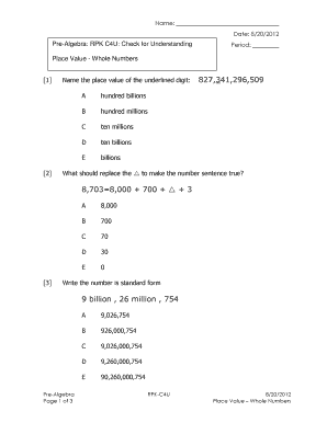 Pre-Algebra Place Value Check for Understanding
