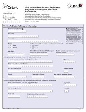 Ontario Student Assistance Program Application for Part-Time