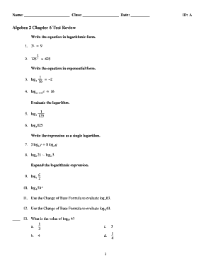 Algebra 2 Chapter 6 Test Review